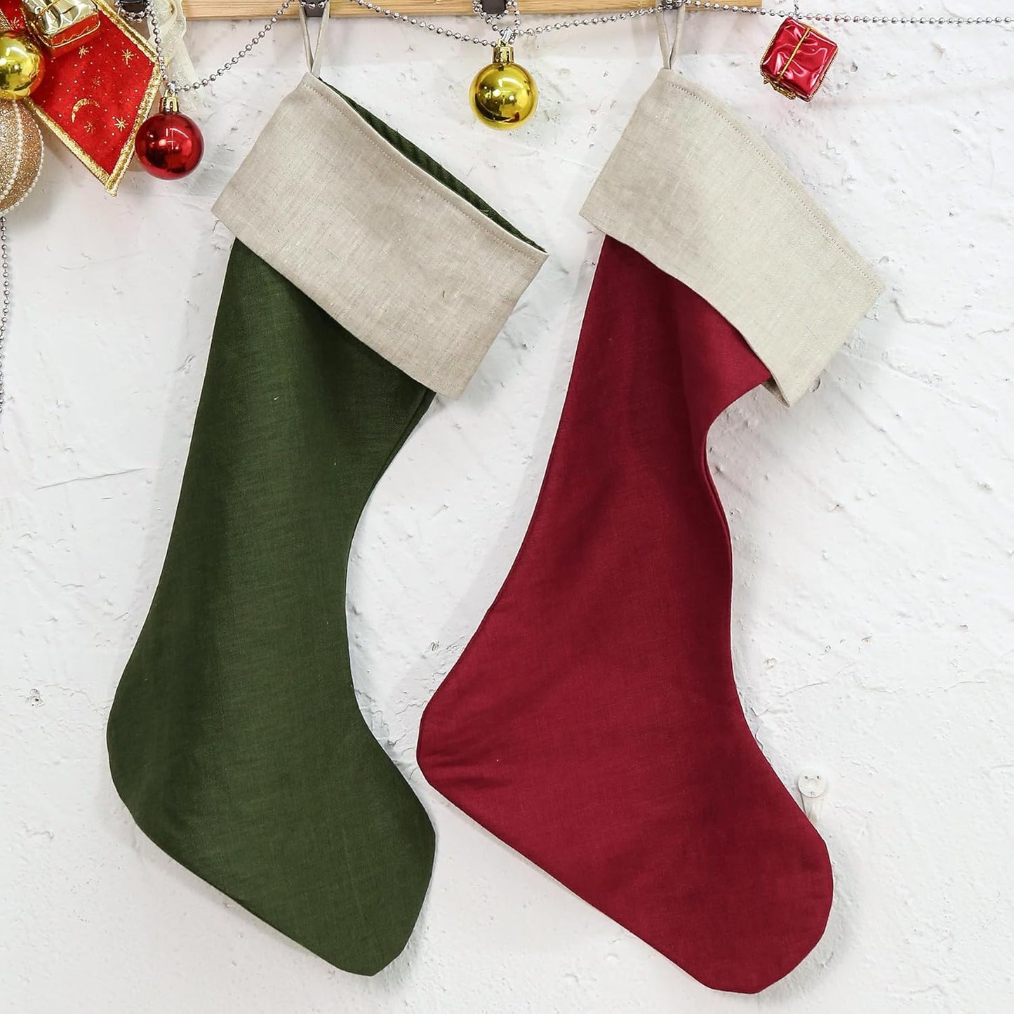 100% Linen Christmas Stockings for Stairs Fireplace Xmas Home Decor Set of 2