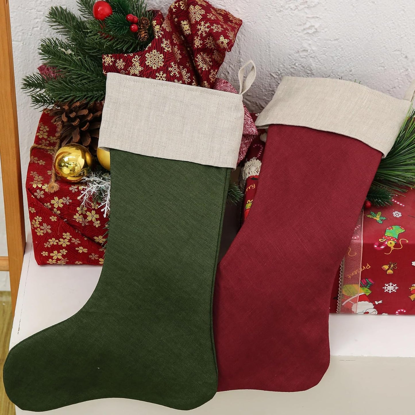 100% Linen Christmas Stockings for Stairs Fireplace Xmas Home Decor Set of 2