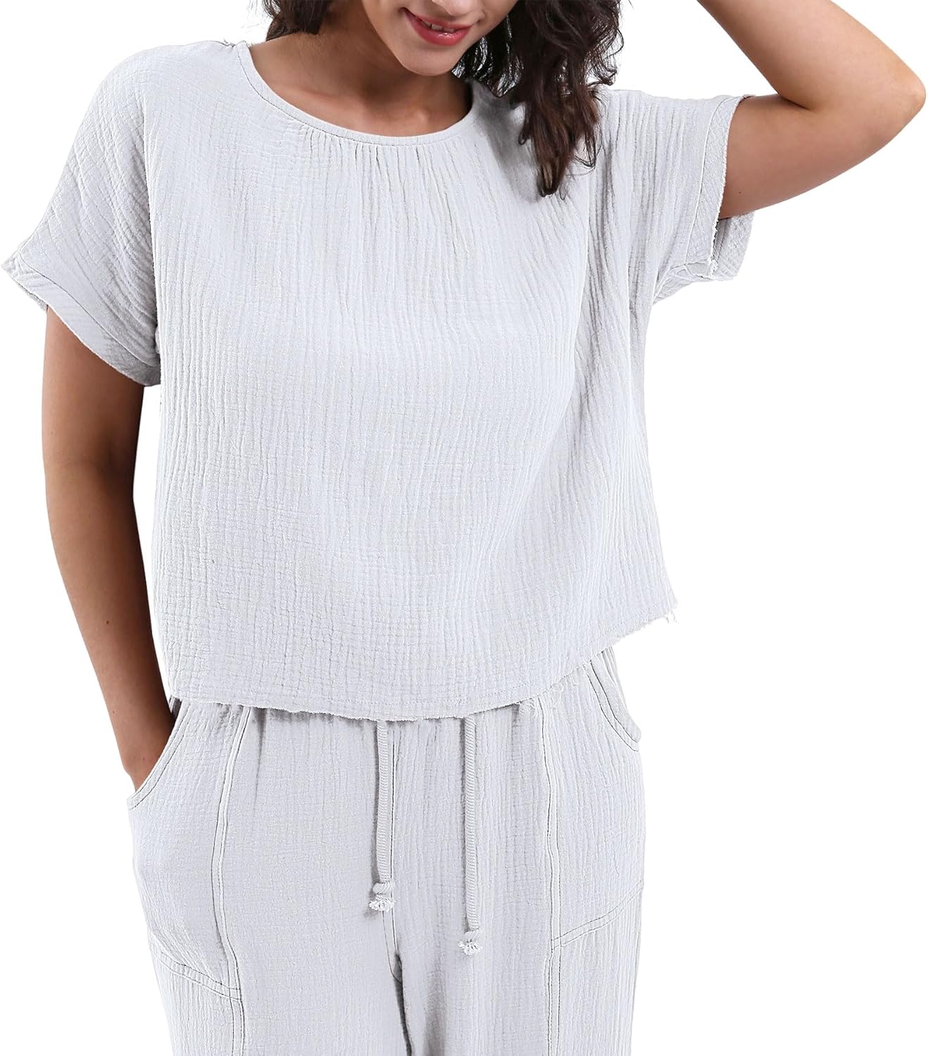 Women's Cotton Gauze Short Sleeve Crop Tops Blouse