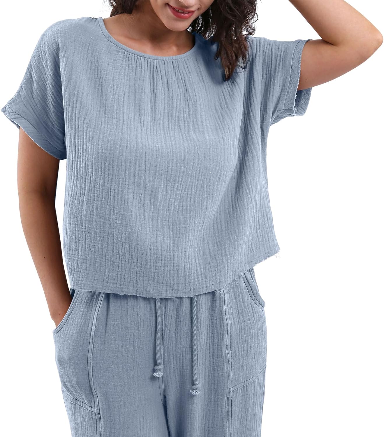 Women's Cotton Gauze Short Sleeve Crop Tops Blouse