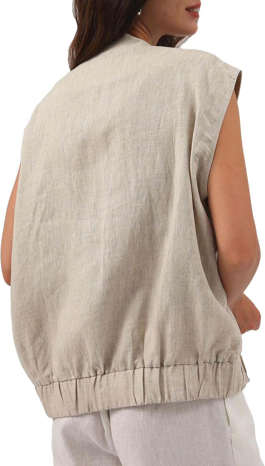Women' s 100% Linen Sleeveless Button Up Vest Coat