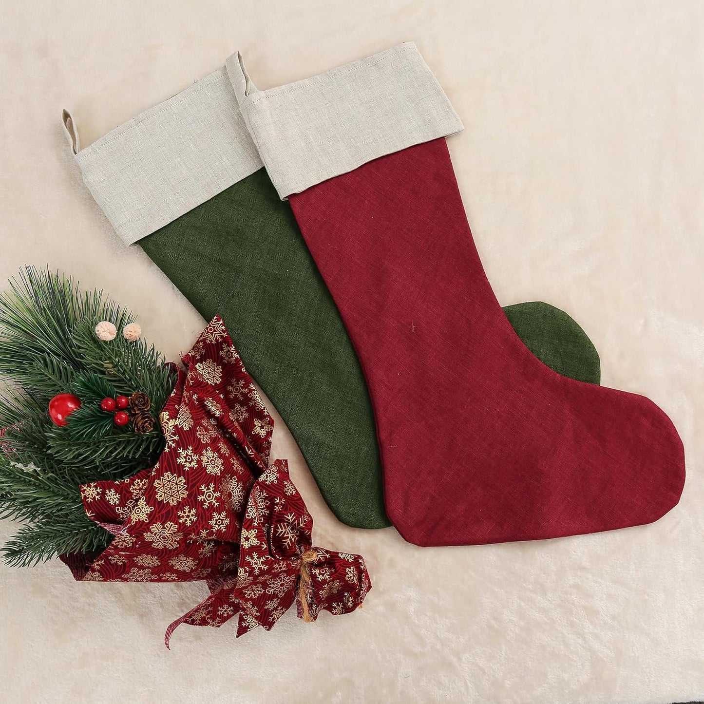 100% Linen Christmas Stockings for Stairs Fireplace Xmas Home Decor Set of 2