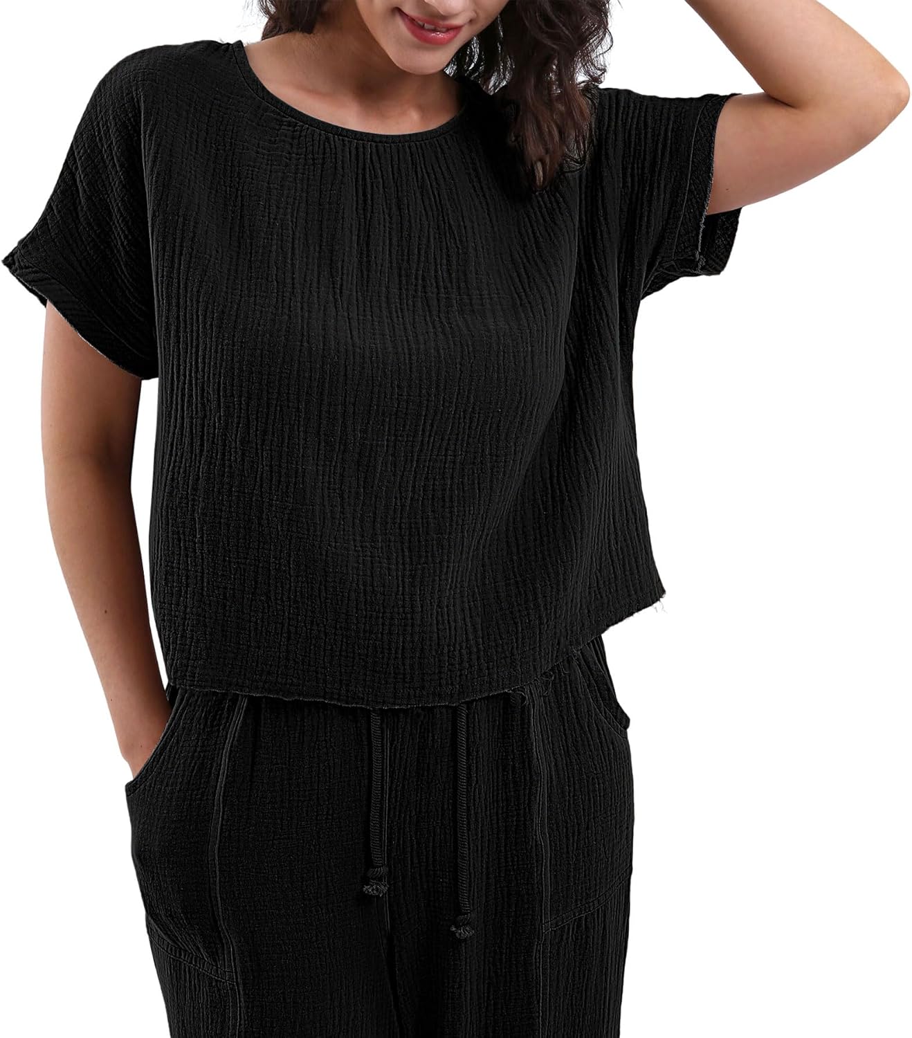 Women's Cotton Gauze Short Sleeve Crop Tops Blouse