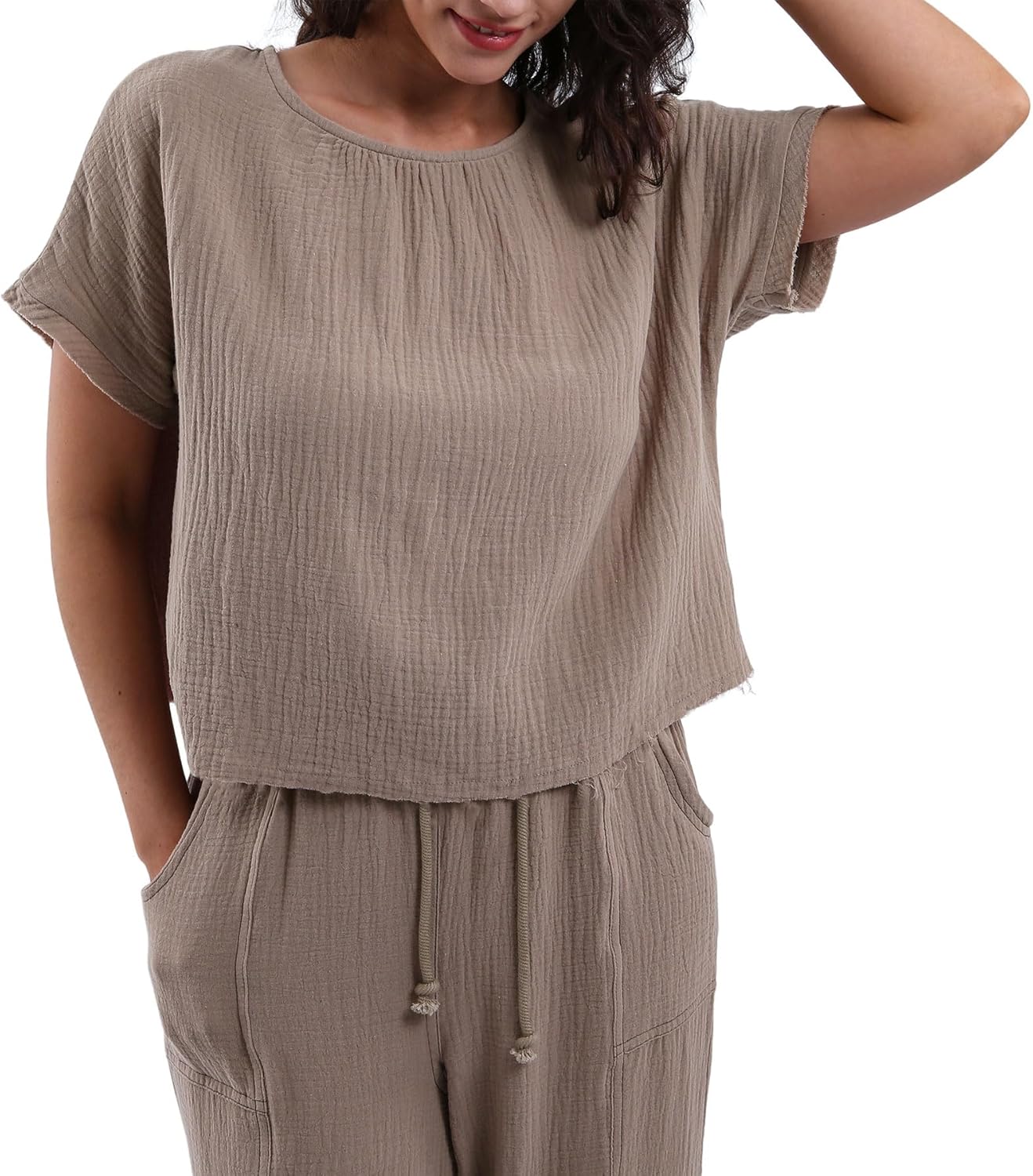 Women's Cotton Gauze Short Sleeve Crop Tops Blouse