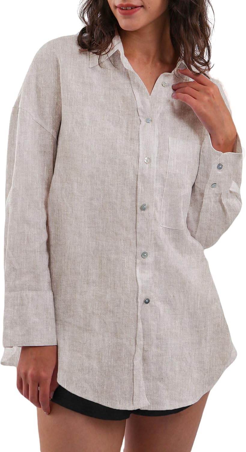 Women's 100% Linen Long Sleeve Button-Down Shirt