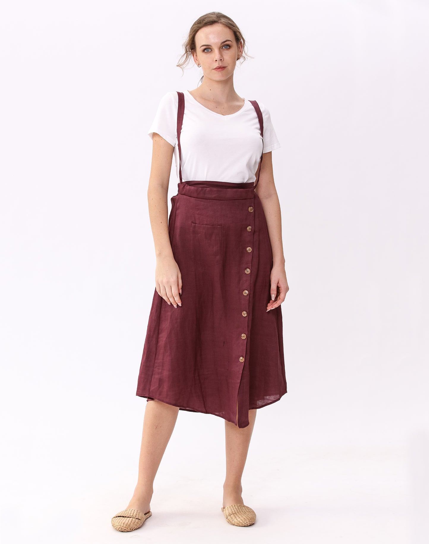 Womens Linen Button Front Maxi Skirts with Pockets Overalls Skirt