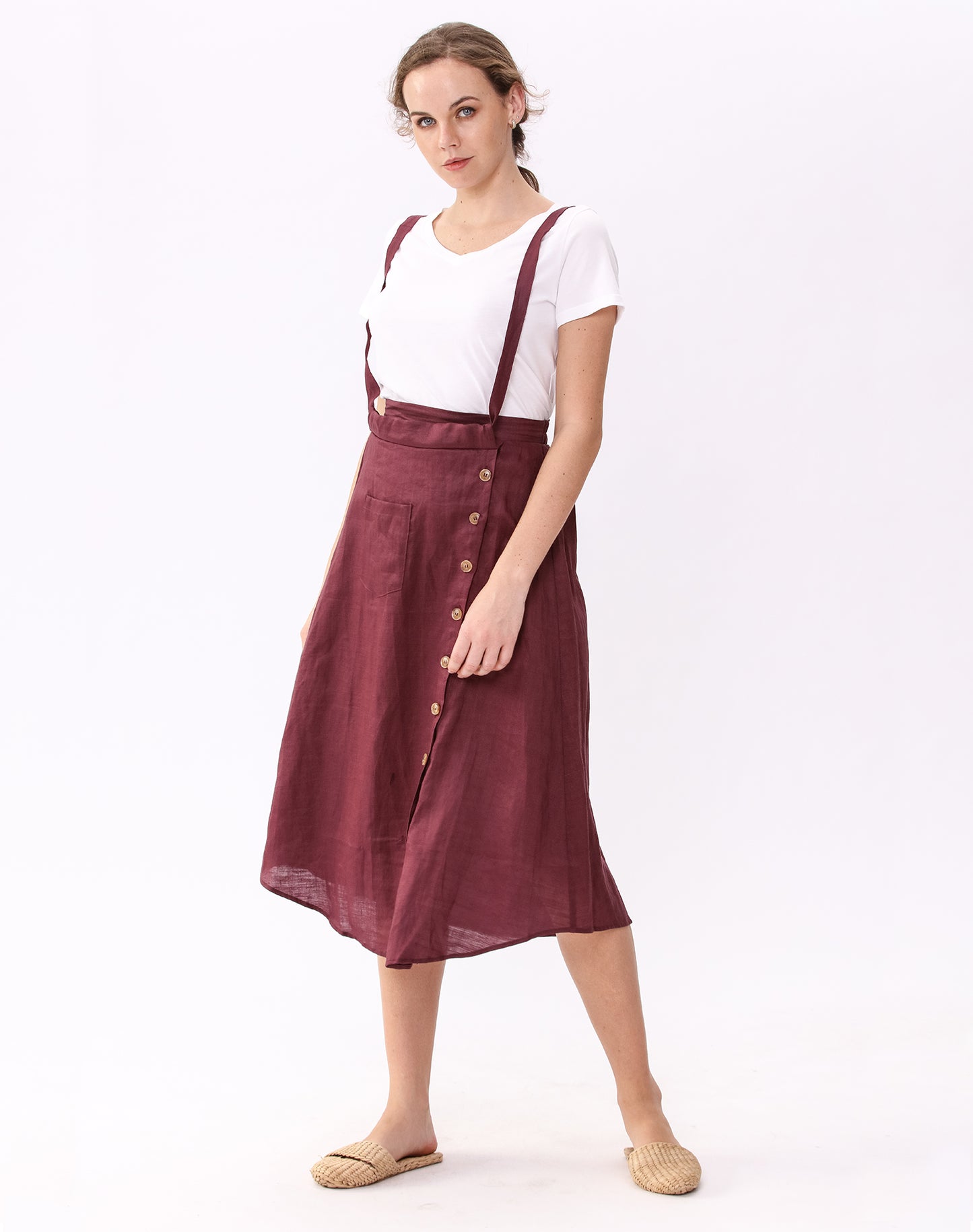 Womens Linen Button Front Maxi Skirts with Pockets Overalls Skirt