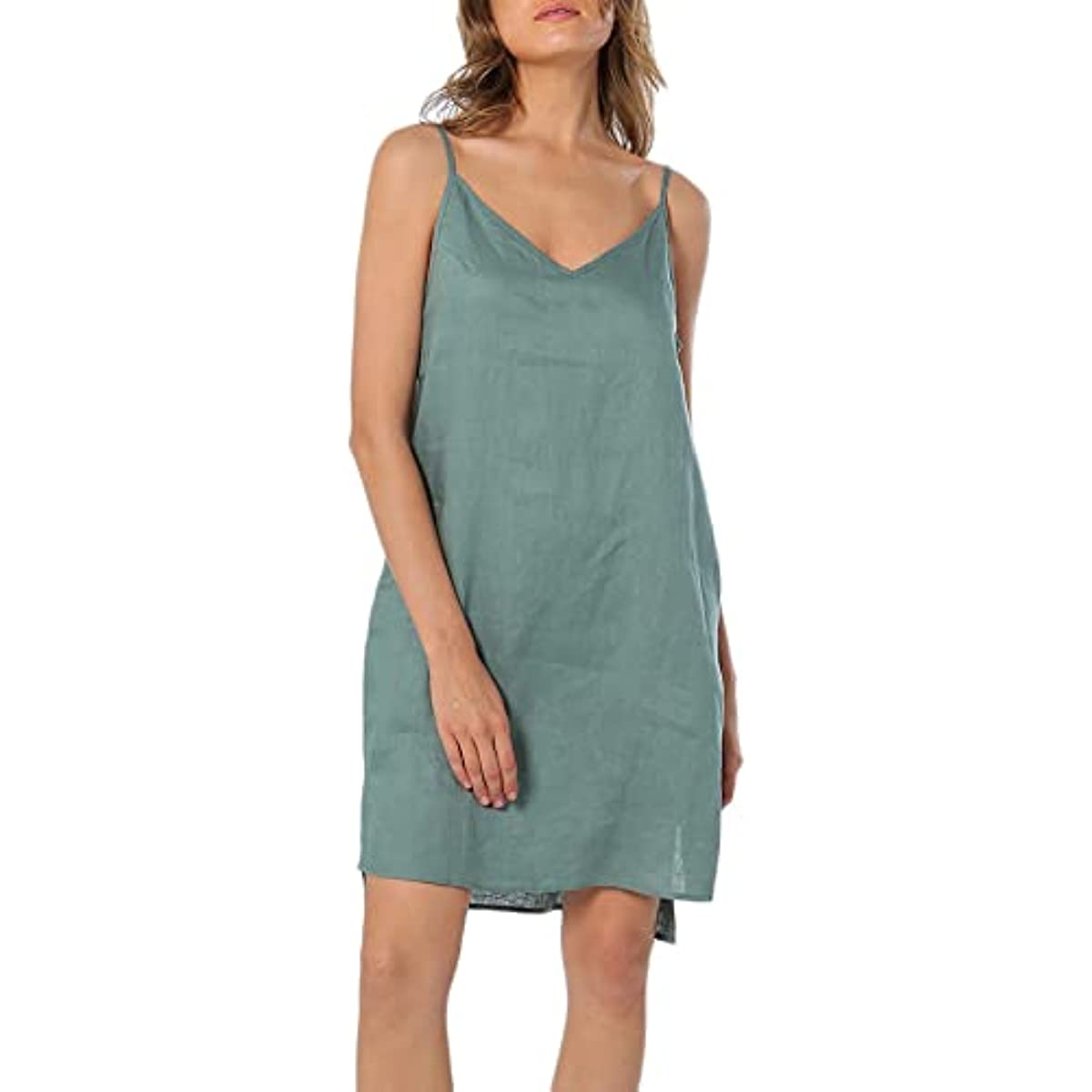 Amazhyu 100% Linen Spaghetti Strap Dresses with Slit