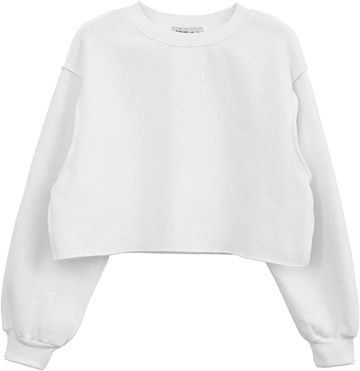 Amazhiyu Women Fleece Raw Hem Cropped Sweatshirt