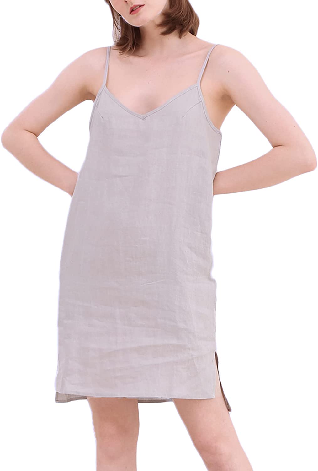 Amazhyu 100% Linen Spaghetti Strap Dresses with Slit