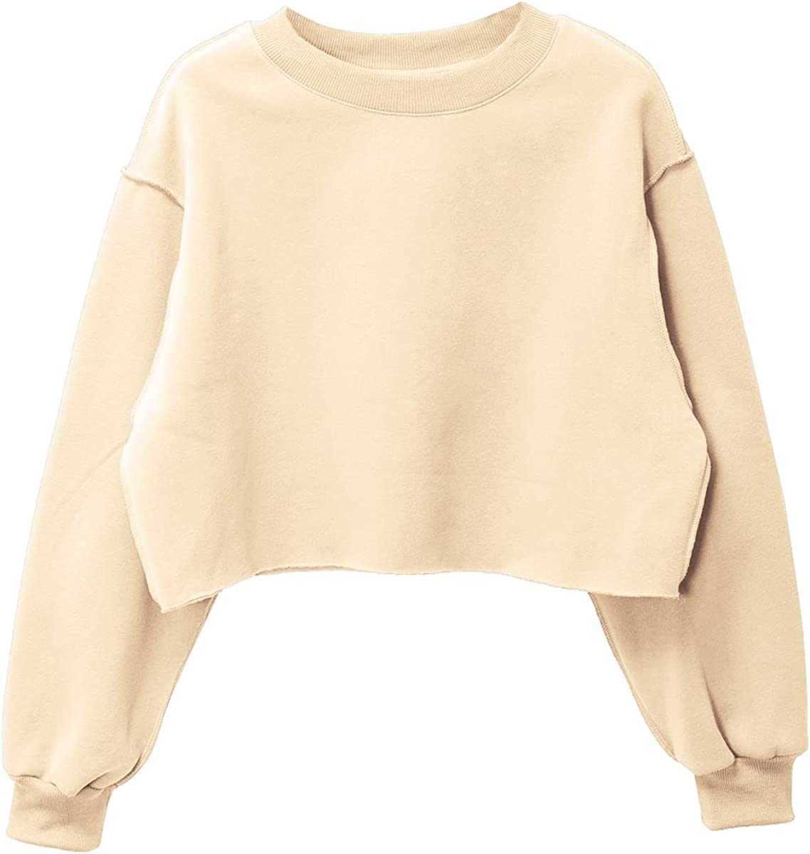 Amazhiyu Women Fleece Raw Hem Cropped Sweatshirt