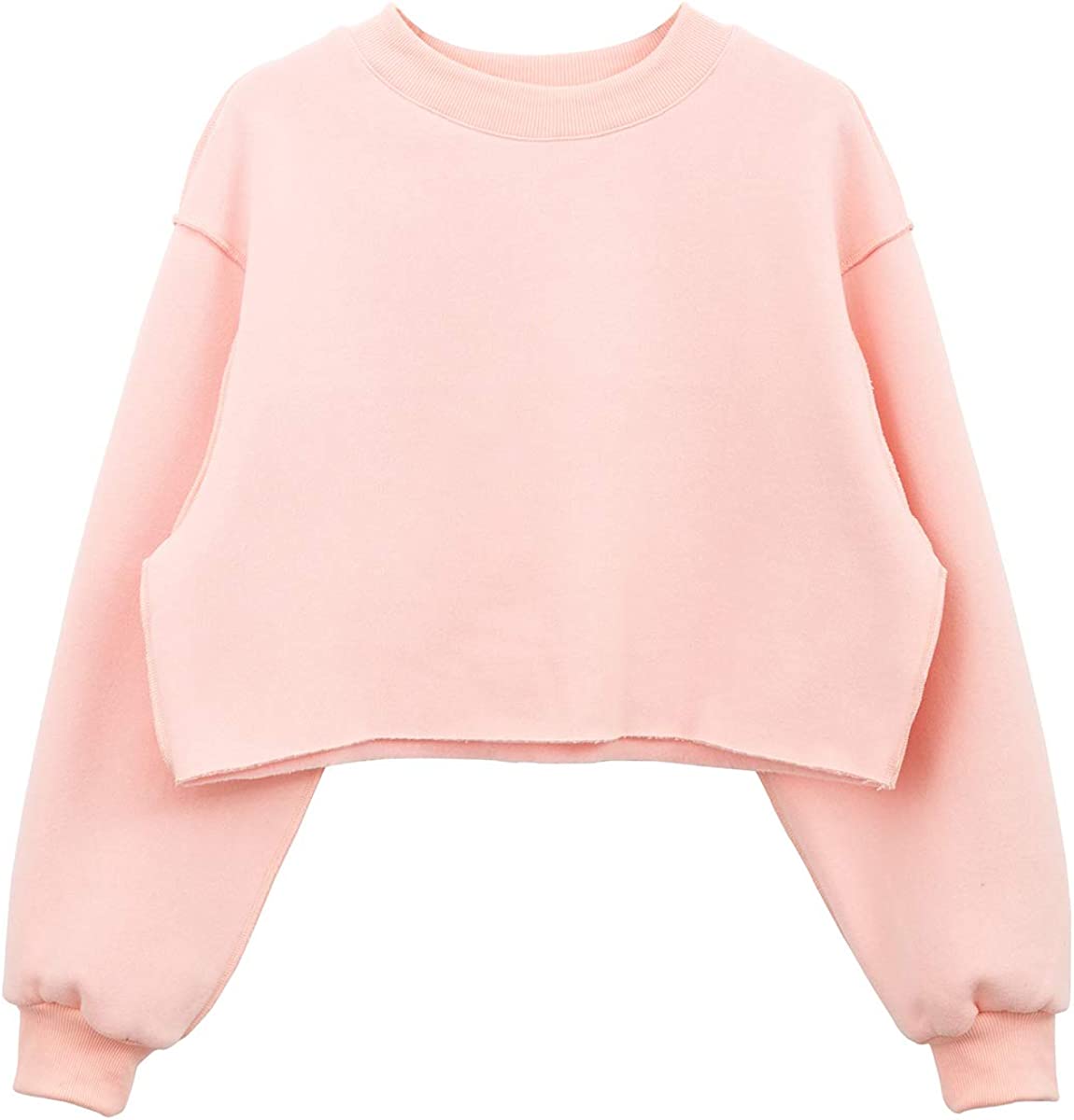 Amazhiyu Women Fleece Raw Hem Cropped Sweatshirt