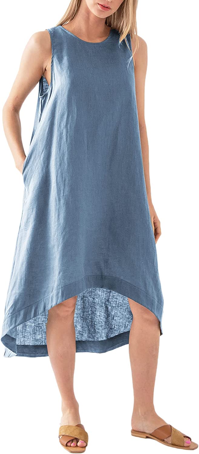 Amazhiyu Women’s 100% Linen High Low Midi Dress with Pockets
