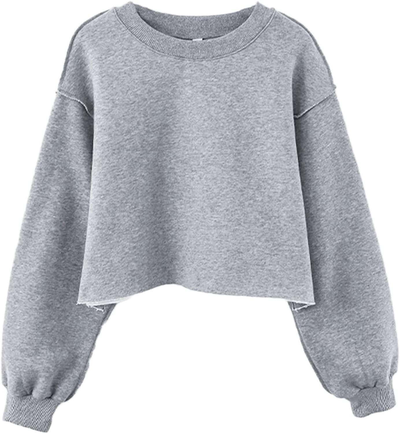 Amazhiyu Women Fleece Raw Hem Cropped Sweatshirt