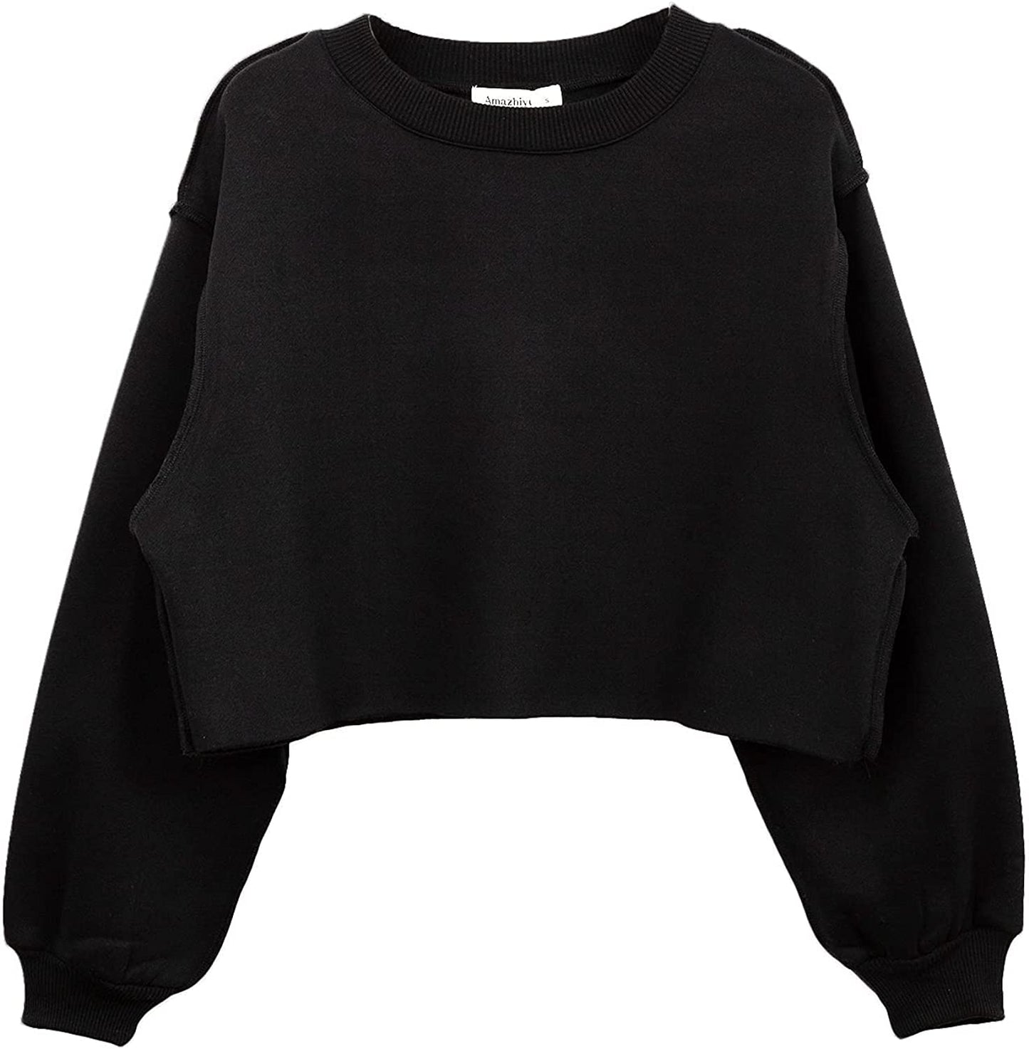 Amazhiyu Women Fleece Raw Hem Cropped Sweatshirt