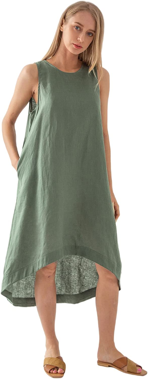 Amazhiyu Women’s 100% Linen High Low Midi Dress with Pockets