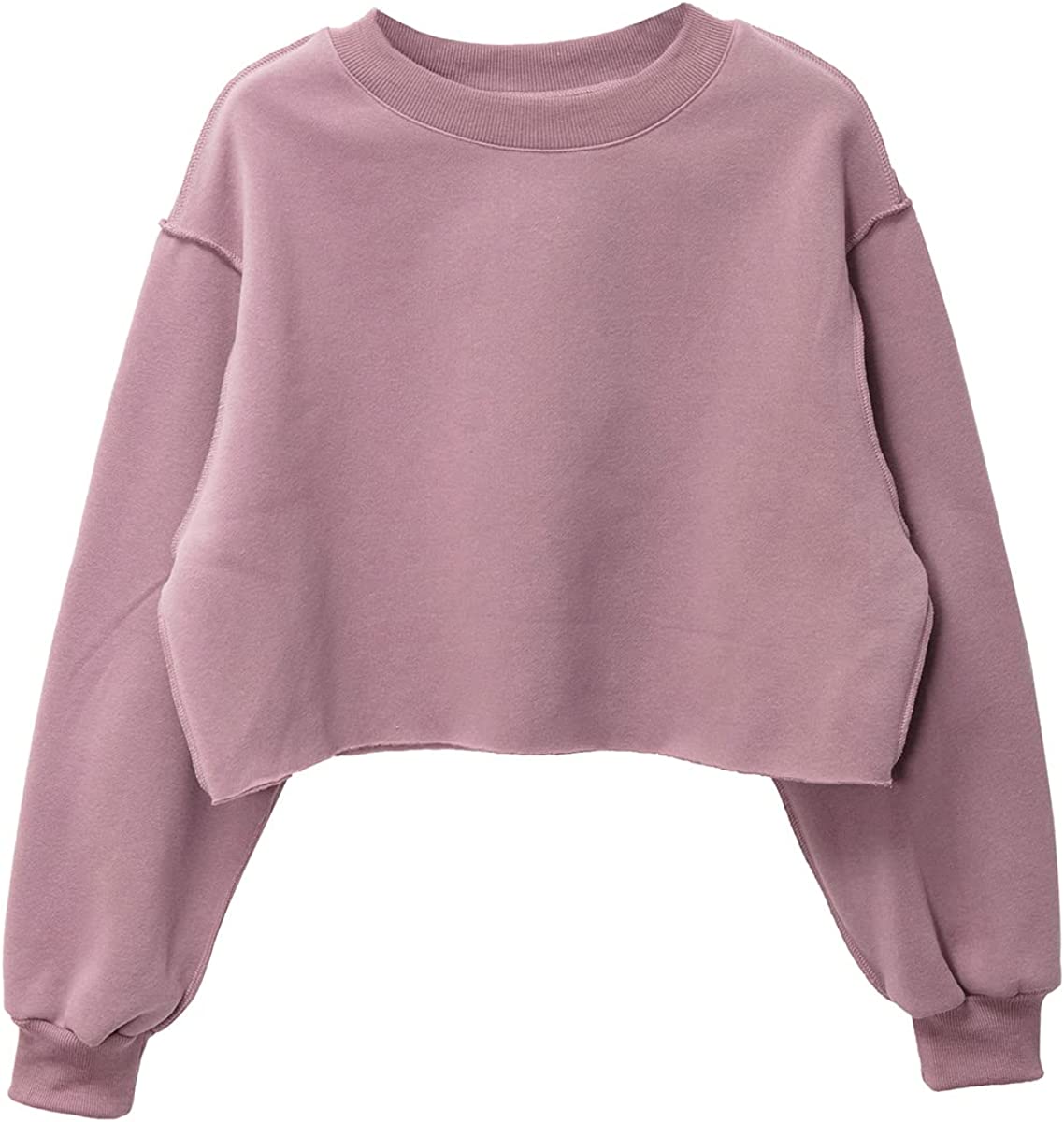 Amazhiyu Women Fleece Raw Hem Cropped Sweatshirt