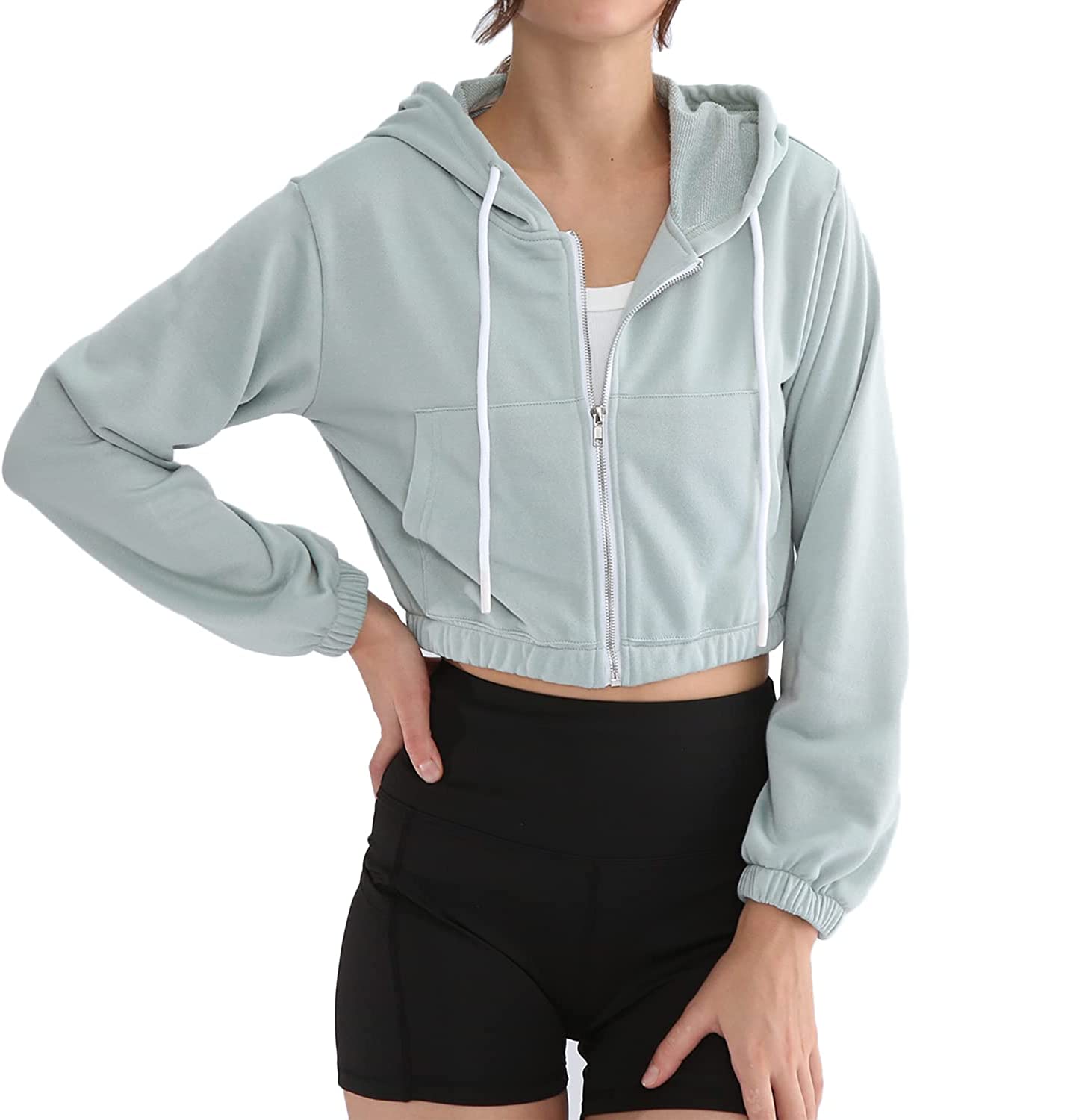 Amazhiyu Women’s Cropped Zip up Hoodie with Pockets