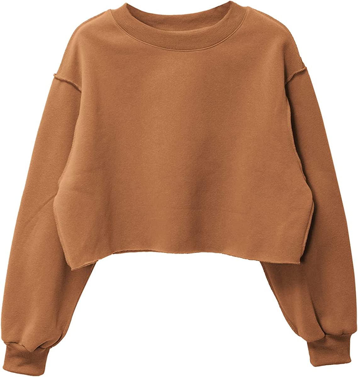 Amazhiyu Women Fleece Raw Hem Cropped Sweatshirt