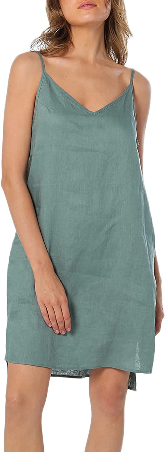 Amazhyu 100% Linen Spaghetti Strap Dresses with Slit