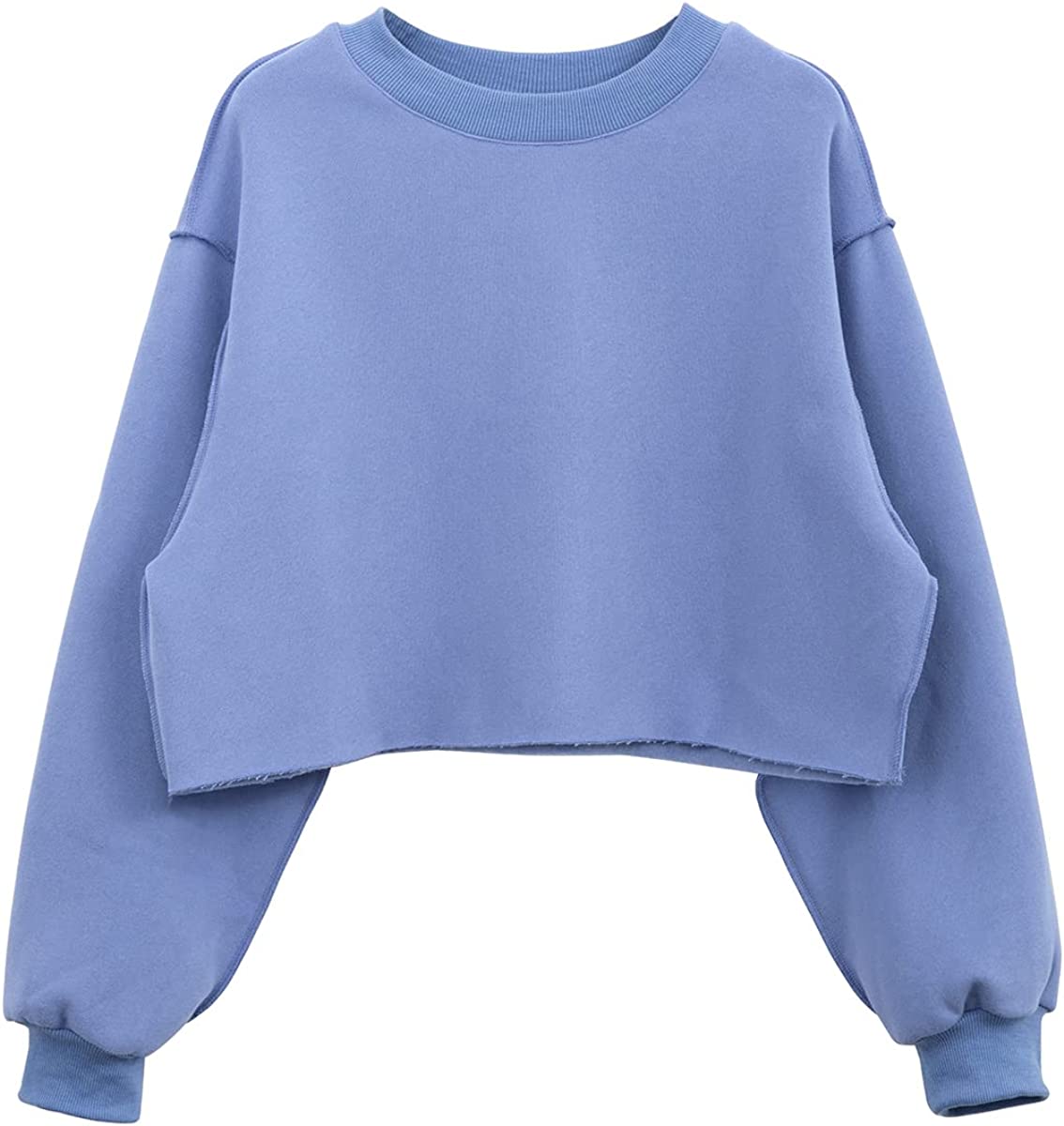 Amazhiyu Women Fleece Raw Hem Cropped Sweatshirt