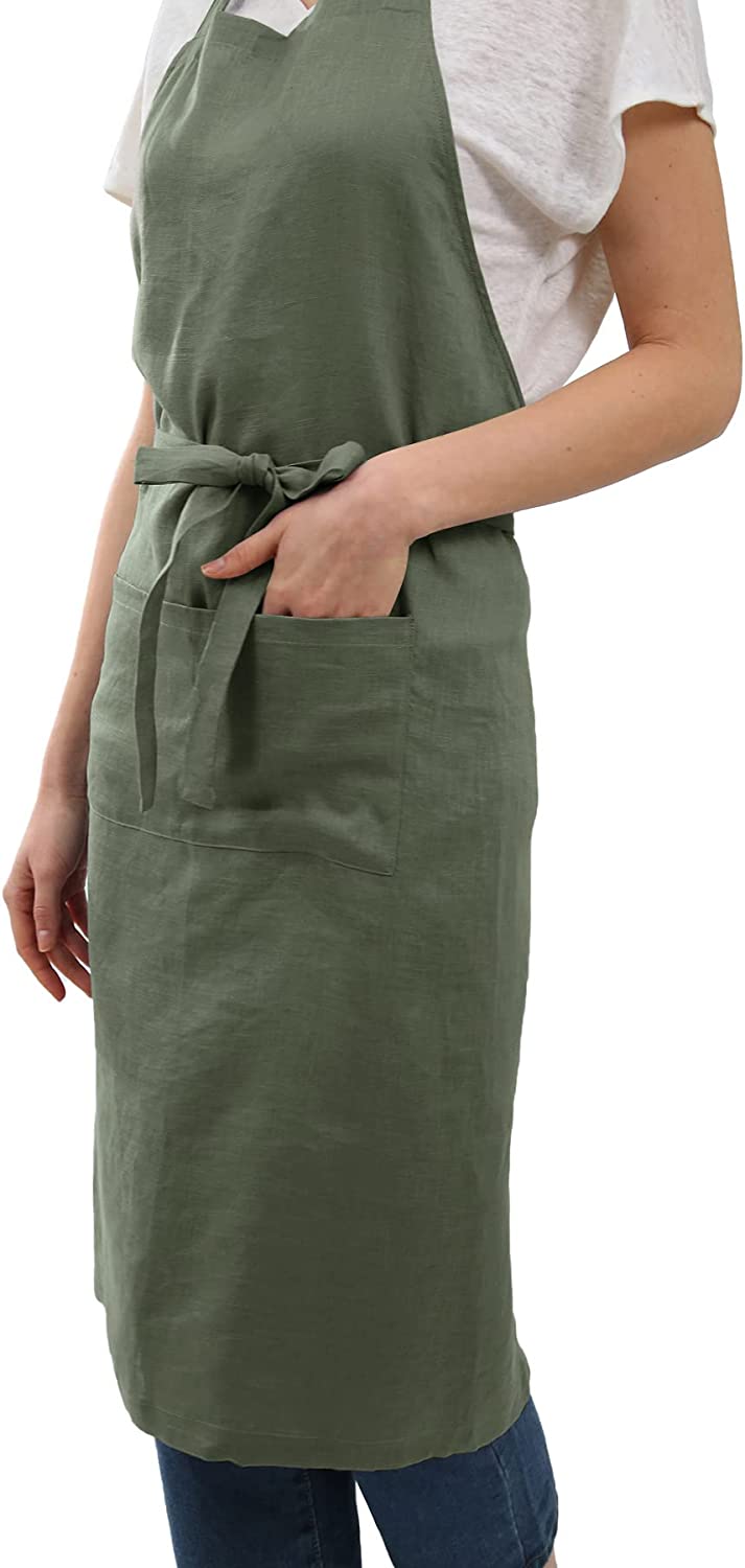 Amazhiyu Pure Linen Kitchen Apron with Pockets