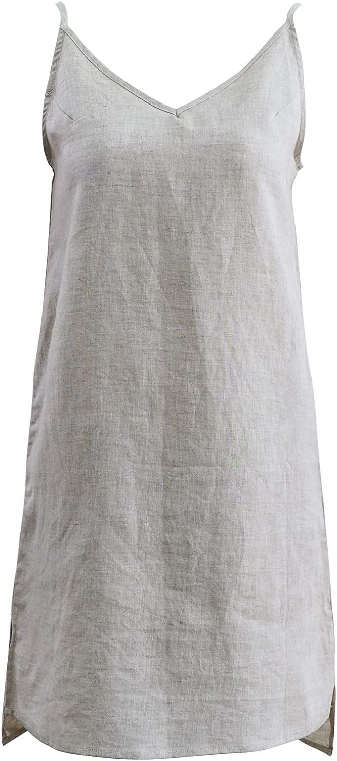 Amazhyu 100% Linen Spaghetti Strap Dresses with Slit