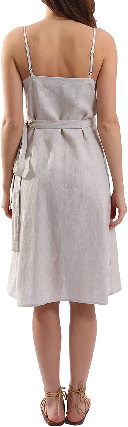 Womens Pure Linen Summer Spaghetti Strap Midi Dresses