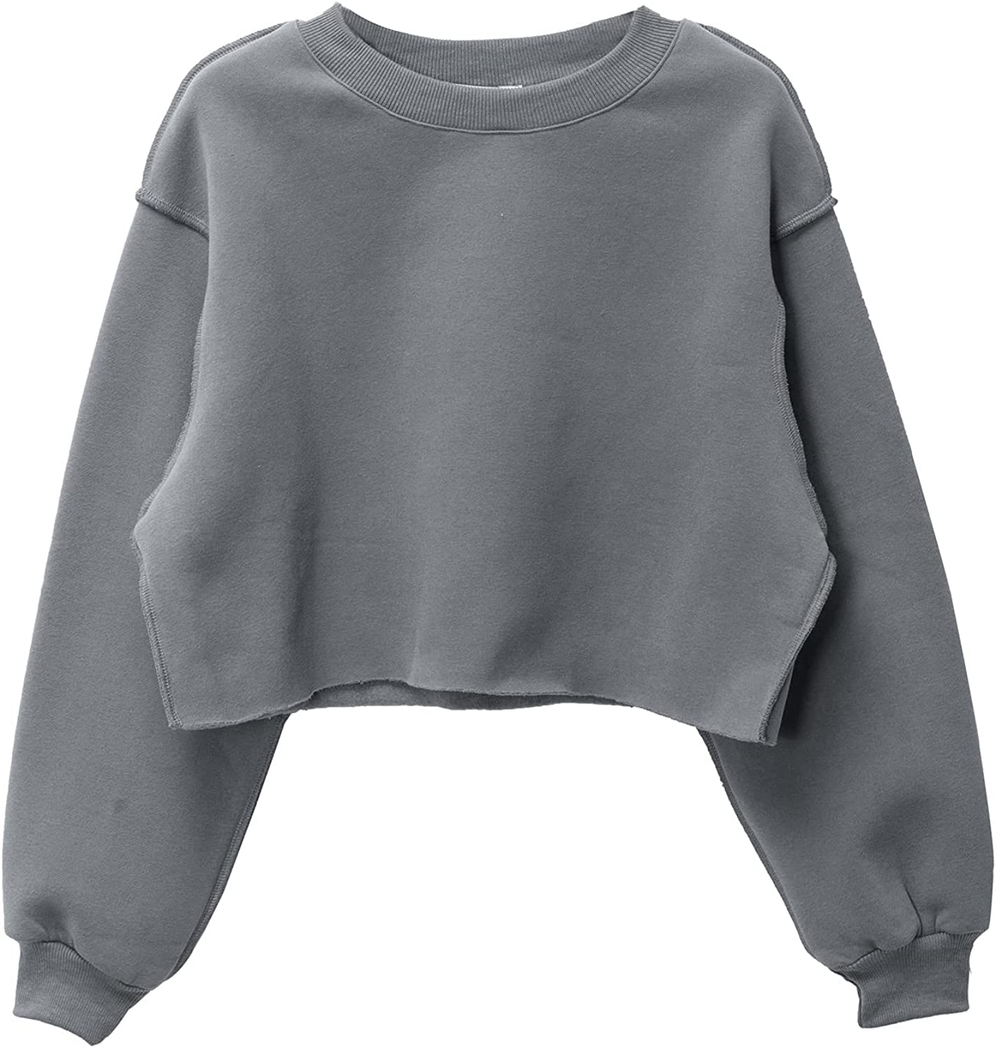 Amazhiyu Women Fleece Raw Hem Cropped Sweatshirt