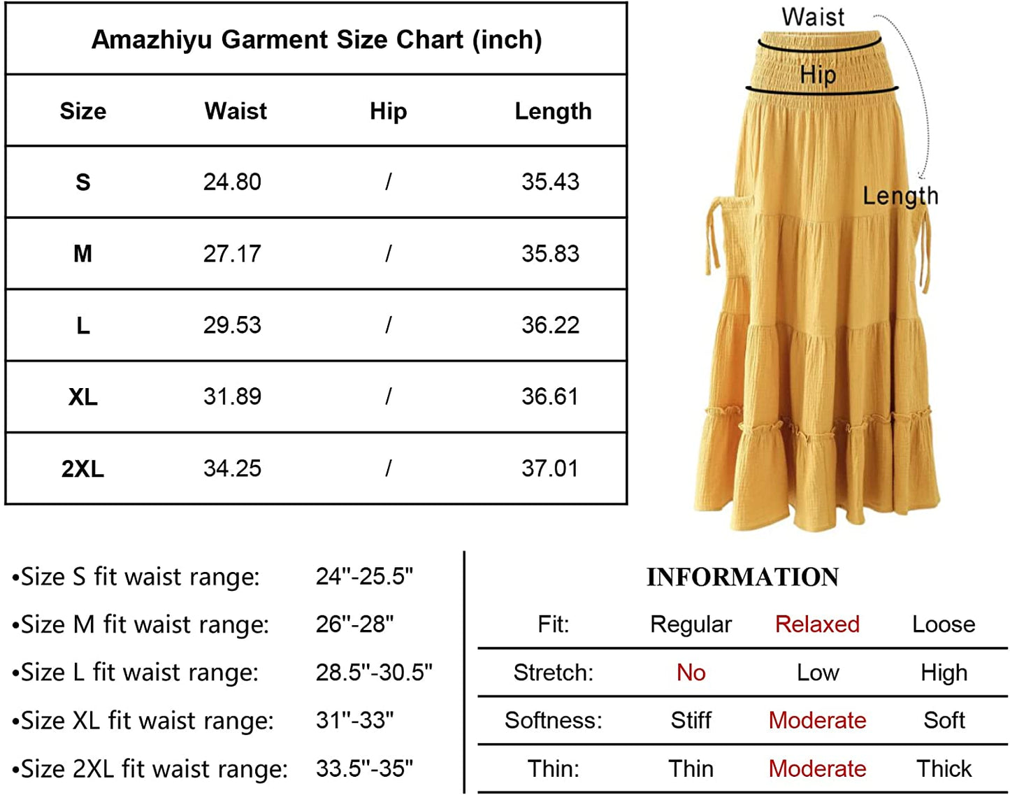 Amazhiyu Womens Maxi Boho Skirt Summer Flowy Renaissance Skirt