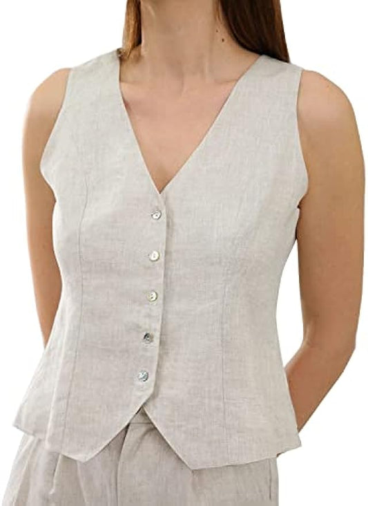 Amazhiyu Womens Pure Linen Button Down Crop Vest Tops
