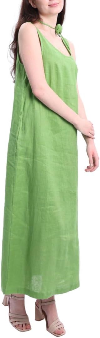 Women's 100% Linen Sleevelesss Maxi Dresses with Flower Belt
