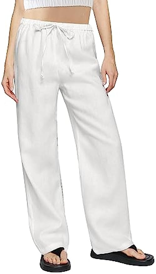 Pure Linen Drawstring Wide Leg Pants with Pockets