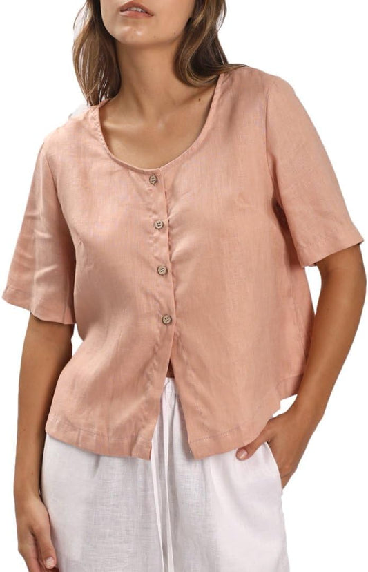 Womens 100% Linen Short Sleeve Blouse Button Down Crop Tops