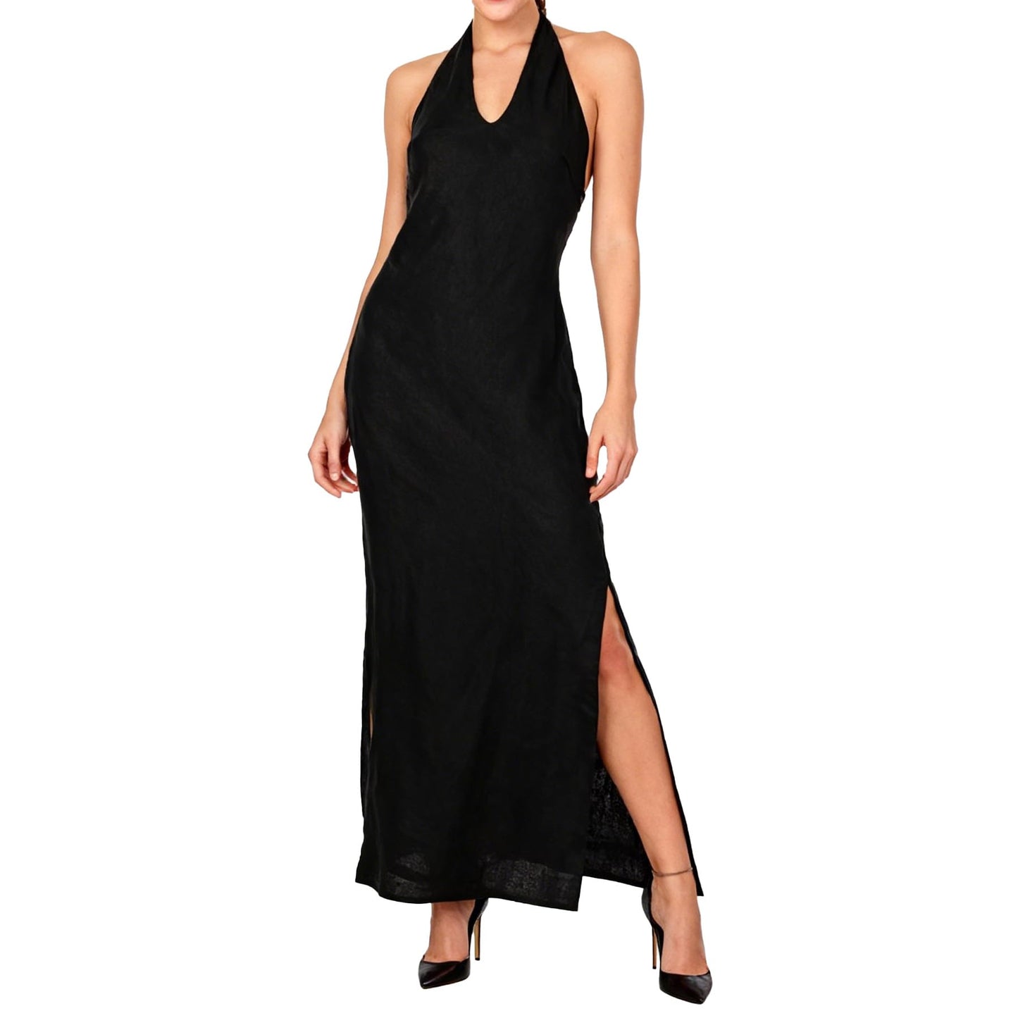 Amazhiyu Women's 100% Linen Splits Bodycon Halter Maxi Dress