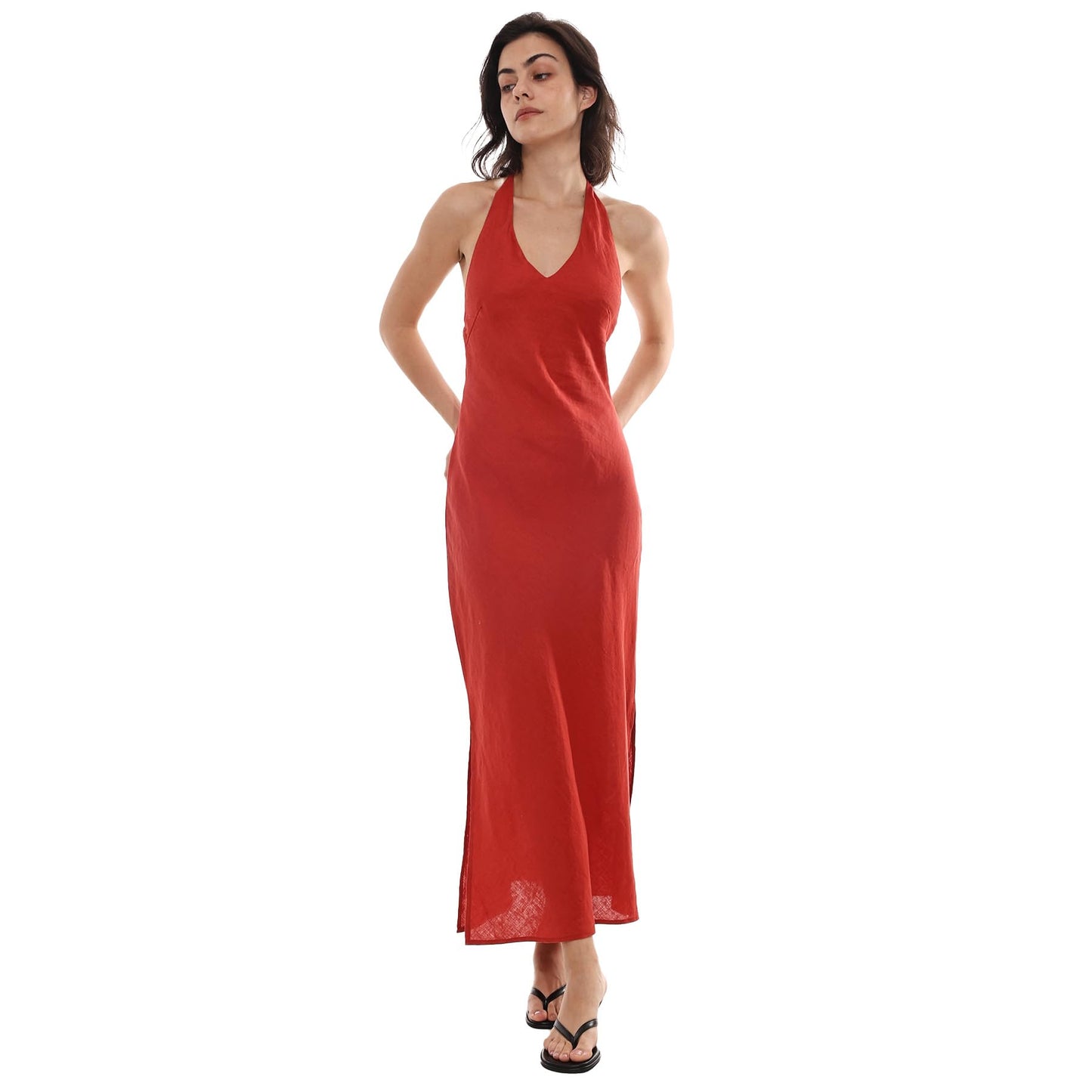 Amazhiyu Women's 100% Linen Splits Bodycon Halter Maxi Dress