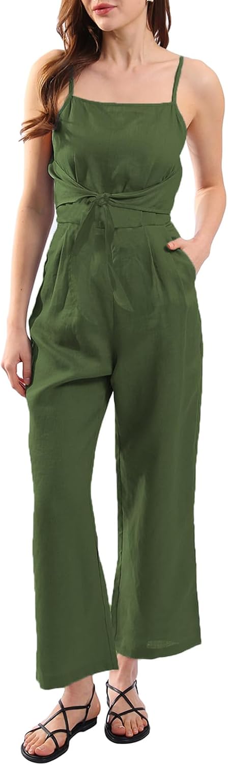 Pure Linen Summer Front Tie Jumpsuits with Pockets