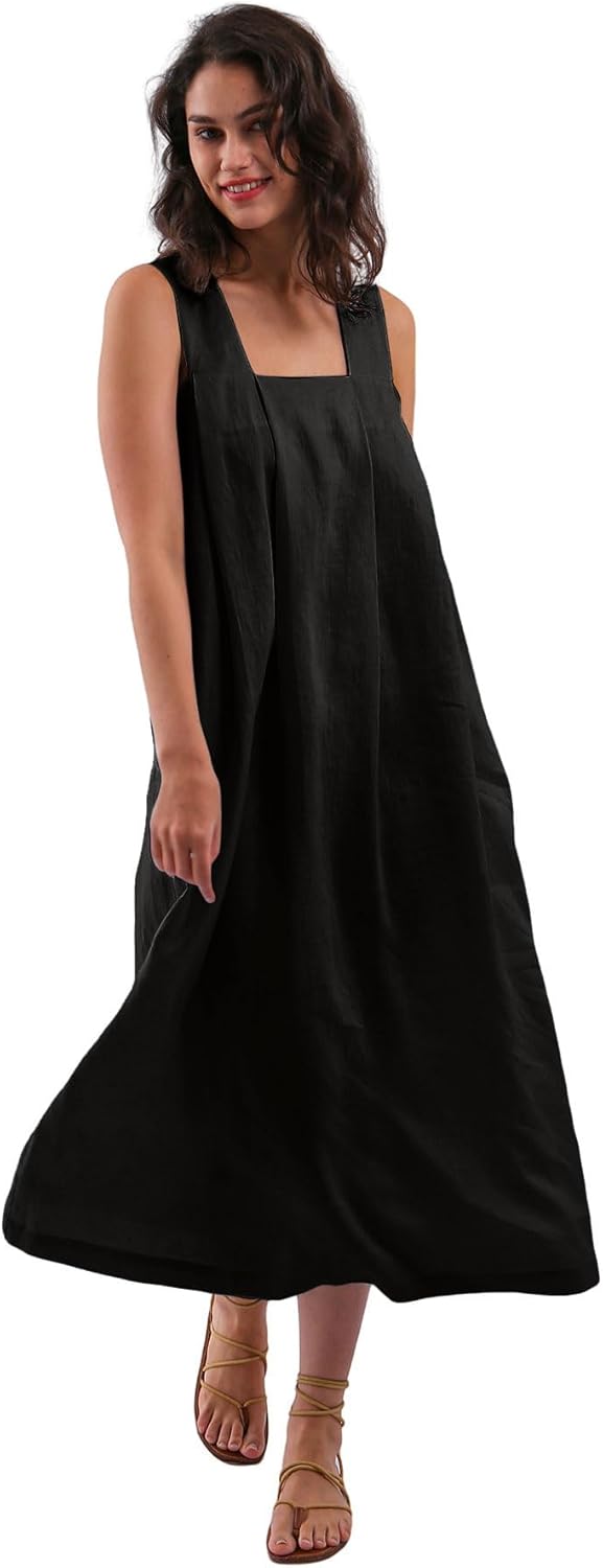 Women's 100% Linen Sleeveless Strap Midi Dresses with Pockets