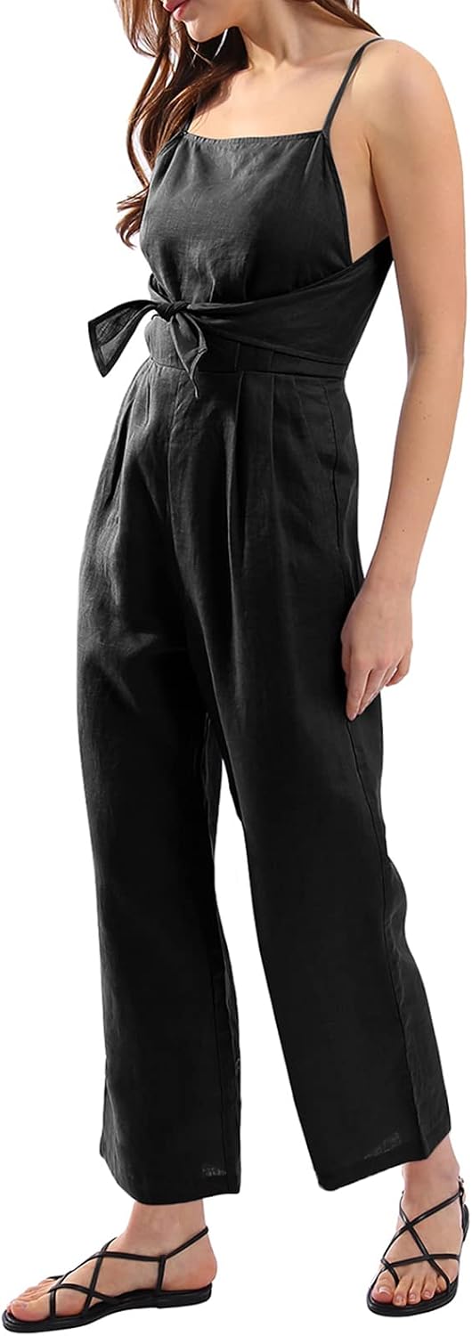 Pure Linen Summer Front Tie Jumpsuits with Pockets