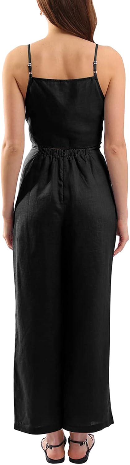 Pure Linen Summer Front Tie Jumpsuits with Pockets