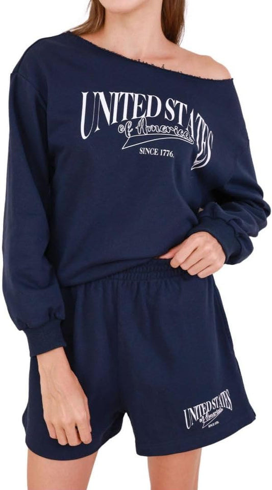 Women's Graphic Off Shoulder Sweatshirt and Shorts 2 Piece Set