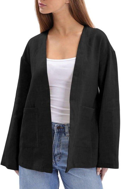 Women's 100% Linen Long Sleeve Open-Front Cardigan