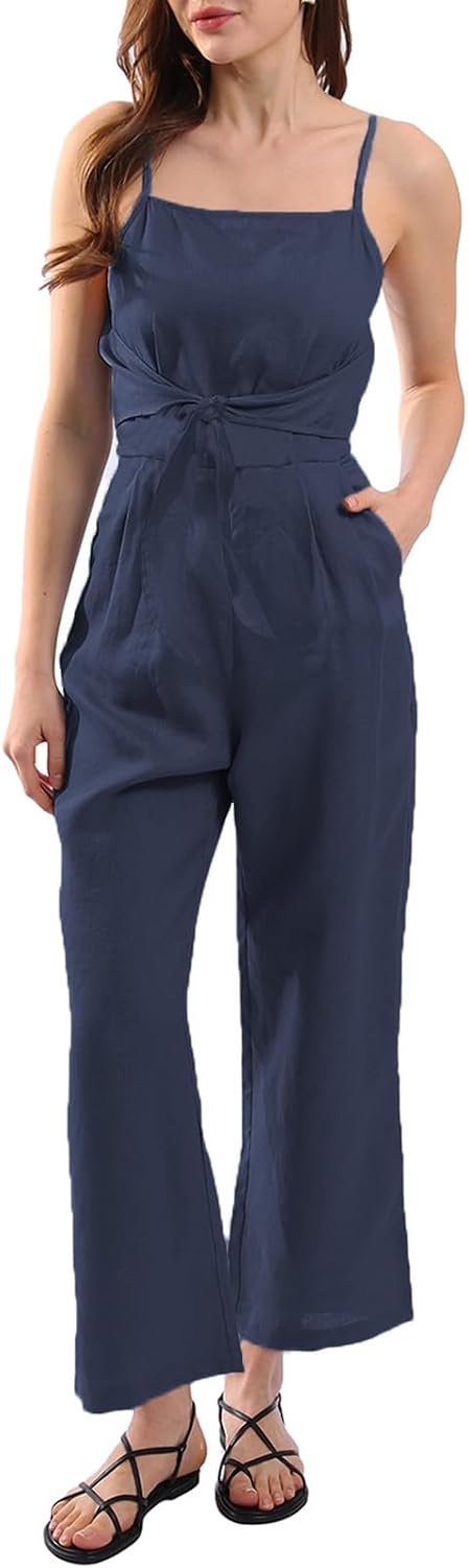 Pure Linen Summer Front Tie Jumpsuits with Pockets