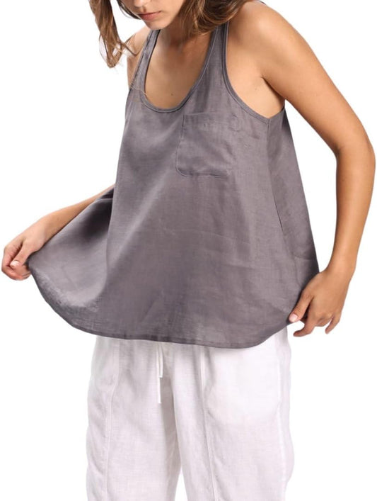 Women's 100% Linen Scoop Neck Sleeveless Racerback Tank Top