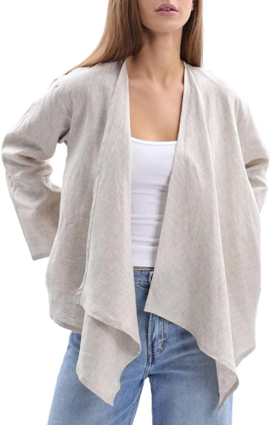 Women's 100% Linen Draped Open Asymmetric Cardigan