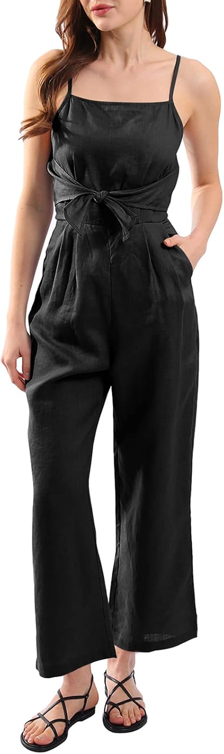 Pure Linen Summer Front Tie Jumpsuits with Pockets
