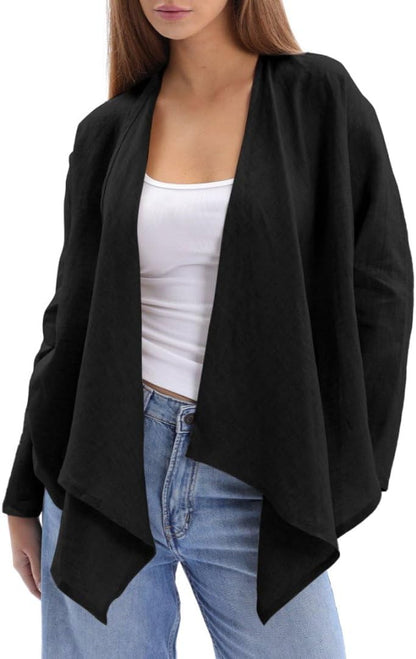 Women's 100% Linen Draped Open Asymmetric Cardigan