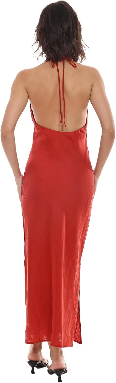 Amazhiyu Women's 100% Linen Splits Bodycon Halter Maxi Dress