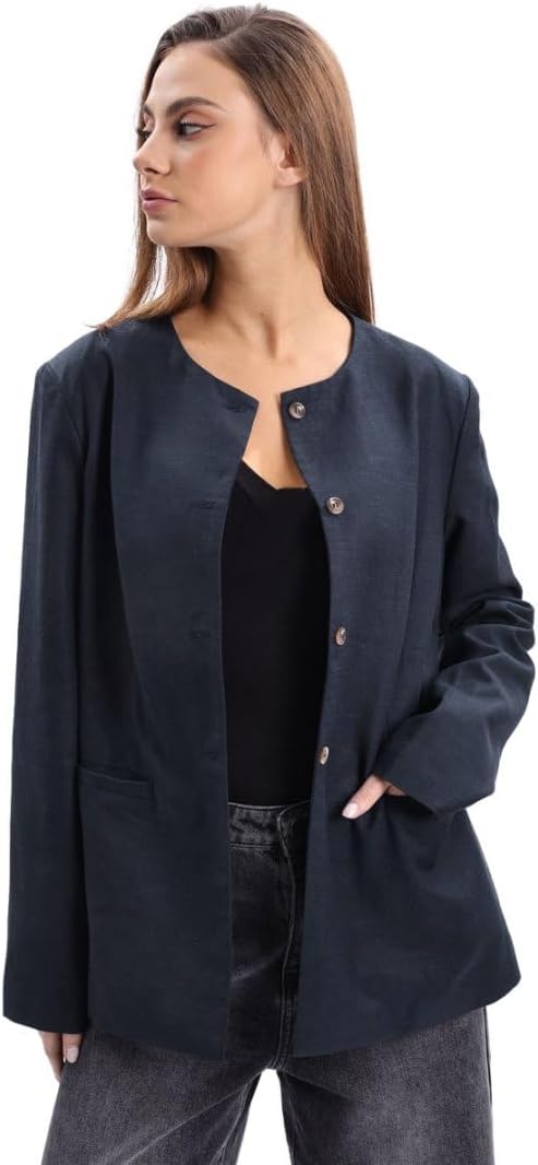 Women's Linen Round Neck Button Up Blazers