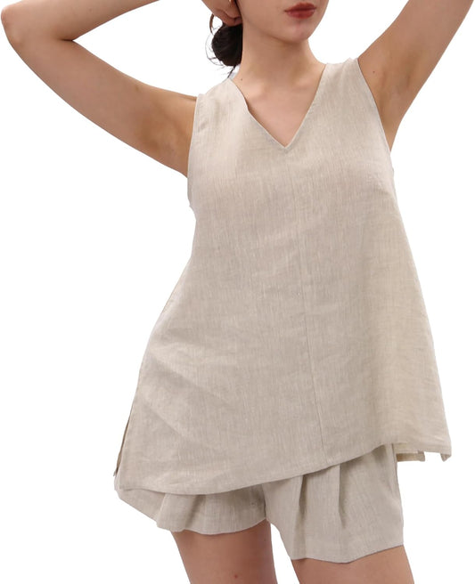 Women's 100% Linen V Neck Sleeveless Tunic Tank Tops